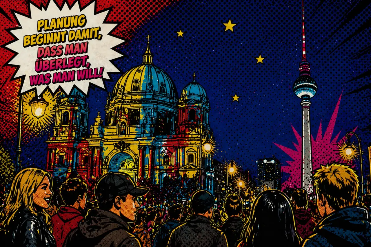 Berliner Skyline im Pop-Art-Stil mit Sprechblase: „Planung beginnt damit, dass man überlegt, was man will"
