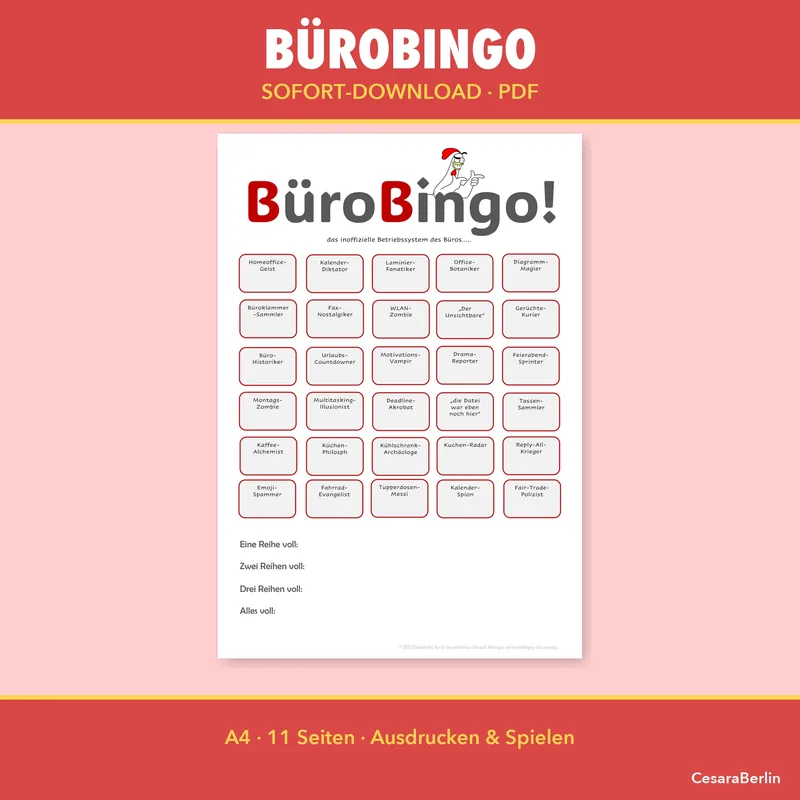 BüroBingo – 5×6-Raster mit Büro-Stereotypen, rot-weißes Design
