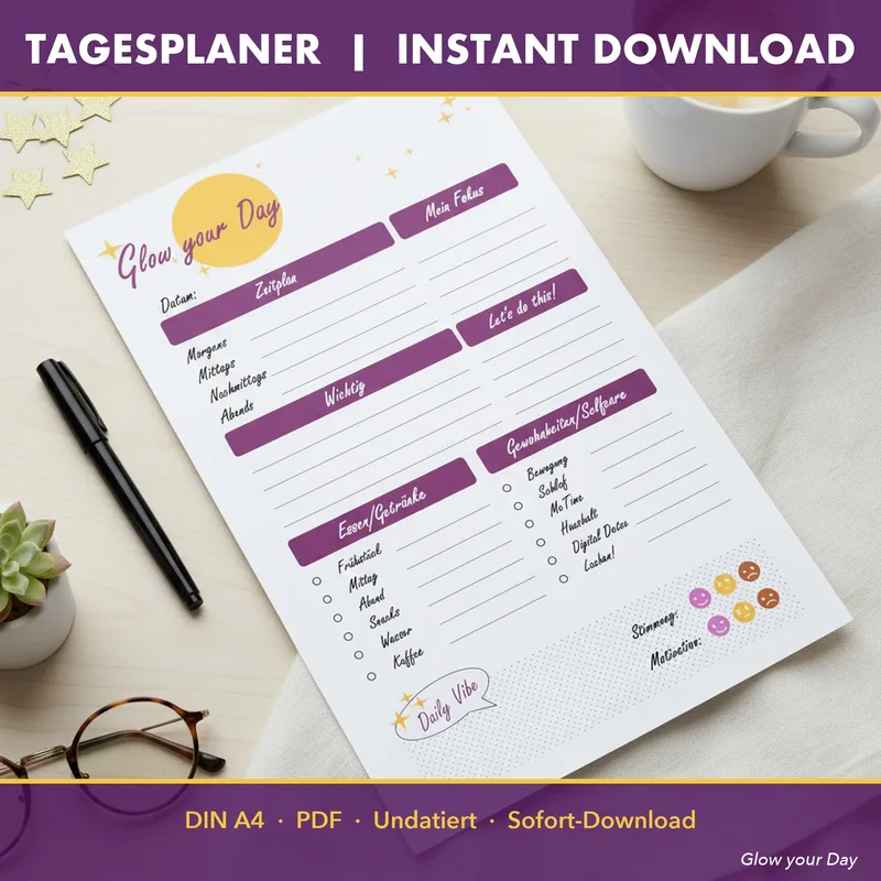 Glow your Day – Tagesplaner-Mockup mit Kaffee und goldenen Akzenten